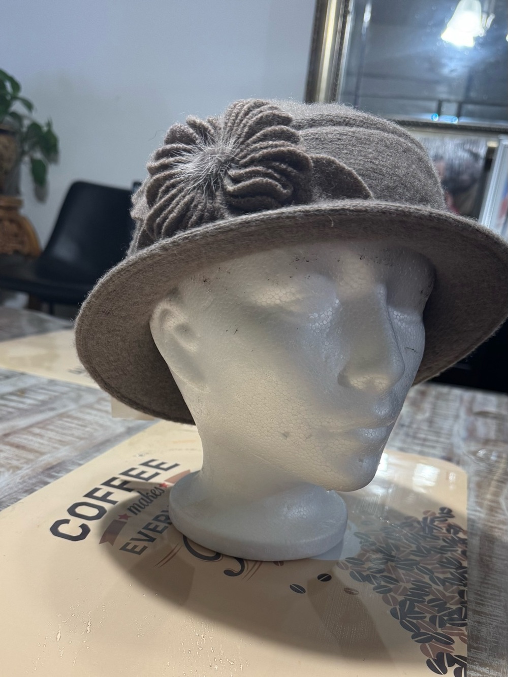 Wool Cloche Hat with Flower Accent - Taupe